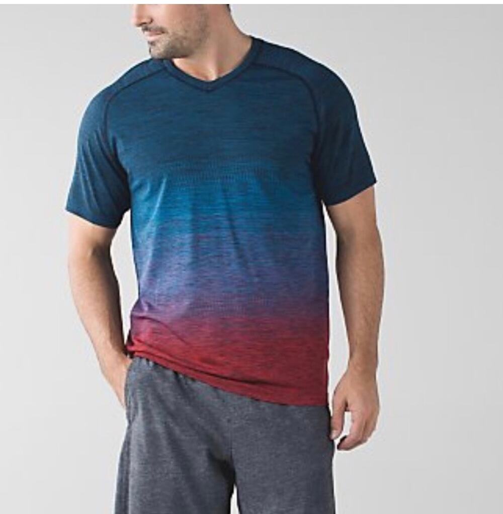 Lululemon‎ Men's Metal Vent Tech Short Sleeve V-Neck Shirt Blue Red Size Large